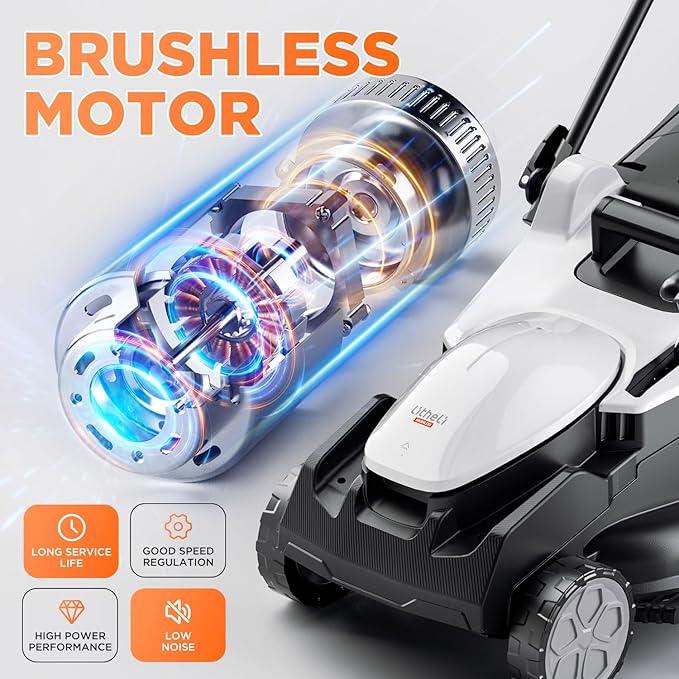 Litheli 16.7" Electric Lawn Mower Cordless, Brushless Lawnmower with 6-Height Adjust and 2 x 4.0Ah Batteries, for Garden and Yards