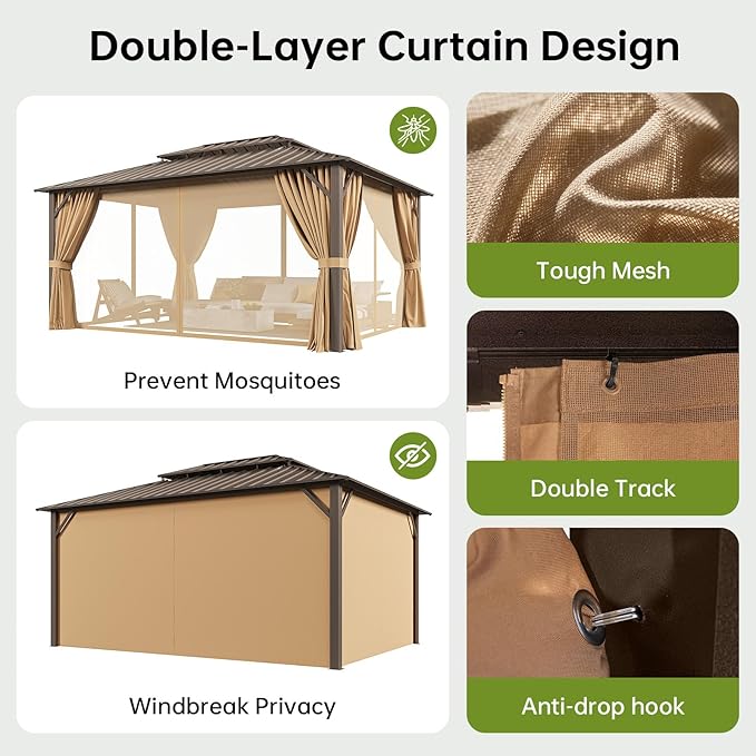 12x16FT Hardtop Gazebo with 72FT Solar String Lights, Metal Frame with Double Galvanized Steel Roof, Permanent Outdoor Pergola for Backyard, Patio, Lawn and Garden, Brown