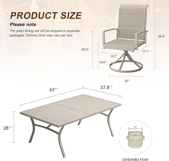 VICLLAX 7 Pieces Outdoor Dining Set, Patio Furniture Set Includes 63" Rectangular Metal Table W/ 1.9" Umbrella Hole and 6 Padded Textilene Swivel Chairs for Porch, Lawn, Garden, Backyard
