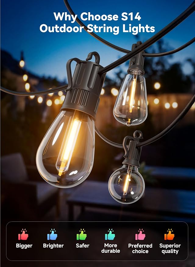 Minetom 203FT Outdoor String LED Patio Lights Waterproof,Shatterproof S14 Vintage Edison Bulbs,Commercial Grade Outside Hanging Lights Waterproof for Porch Deck Garden Backyard Balcony Cafe Bistro