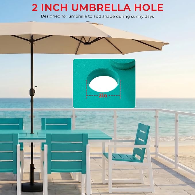 Costaelm Stinson 7-Piece Outdoor HDPE Patio Dining Table Set with Umbrella Hole & Dining Chairs for 6, Turquoise