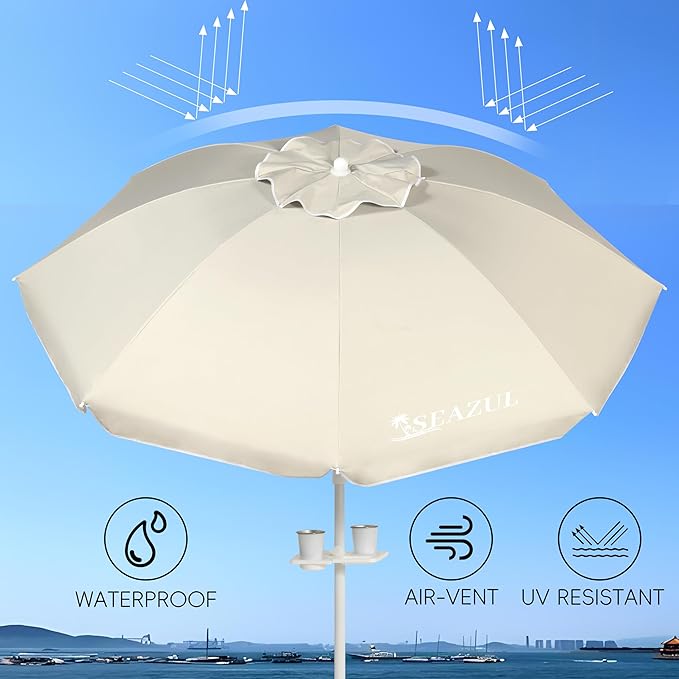 Seazul 6.5ft Sun Shade Umbrella, Portable Umbrella with Stand for Sports, Water Weight Bag, Adjustable and Lightweight, Sun Protection, Khaki
