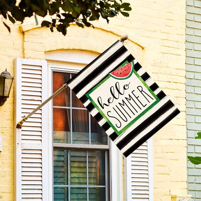 AVOIN colorlife Watercolor Stripes Hello Summer Watermelon House Flag Double Sided Outside, Holiday Party Yard Outdoor Decoration 28 x 40 Inch