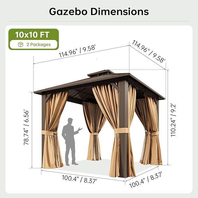10x10FT Hardtop Gazebo, Metal Frame with Double Galvanized Steel Roof, Permanent Outdoor Pergola with Curtains and Netting Included for Backyard, Patio, Lawn and Garden, Brown