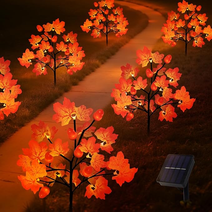 Fall Decorations Outdoor, 4-Pack 80LED Maple Leaf Acorn Yard Stake Lights, Waterproof Solar Fall Lights Thansgiving Decorations Outdoor for Yard, Garden, Pathway Harvest Holiday Fall Decor