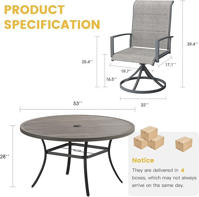 VICLLAX 7 Pieces Patio Dining Set for 6-Outdoor Furniture Includes 53" Round Outdoor Table and Swivel Padded Chairs, Grey Wood Grain Tabletop and Grey Fabric