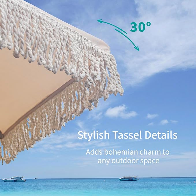 9FT Outdoor Patio Umbrella with Fringe Tassel, Table Umbrella with Aluminum Pole & 8 Fiberglass Ribs, 180G Waterproof Polyester Fabric, Ideal for Patio, Backyard, Deck, Off White