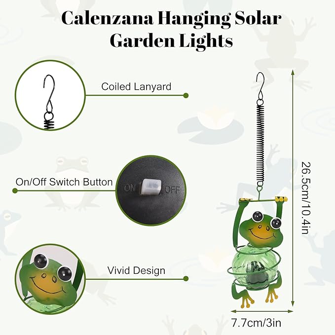 Calenzana Green Frog Outdoor Solar Garden Light, Waterpoof Hanging Solar Light for Yard Patio Backyard Porch, Gifts for Women Mom Grandma