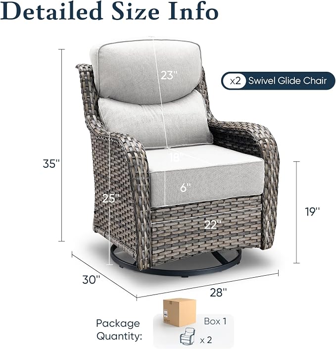Belord Luxury 6" Thick Cushioned Outdoor Swivel Rocker Patio Chairs of 2, High Back Wicker Patio Furniture Set with Ergonomic Zone Back, Conversation Glider Set for Deck Porch - Grey+Beige