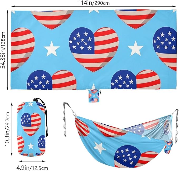 4th of July Independence Day Red and Blue Love 330lb Capacity Outdoor Hammocks Indoor Hammock for Outside Beach Patio Garden hamaca con Base para adultos