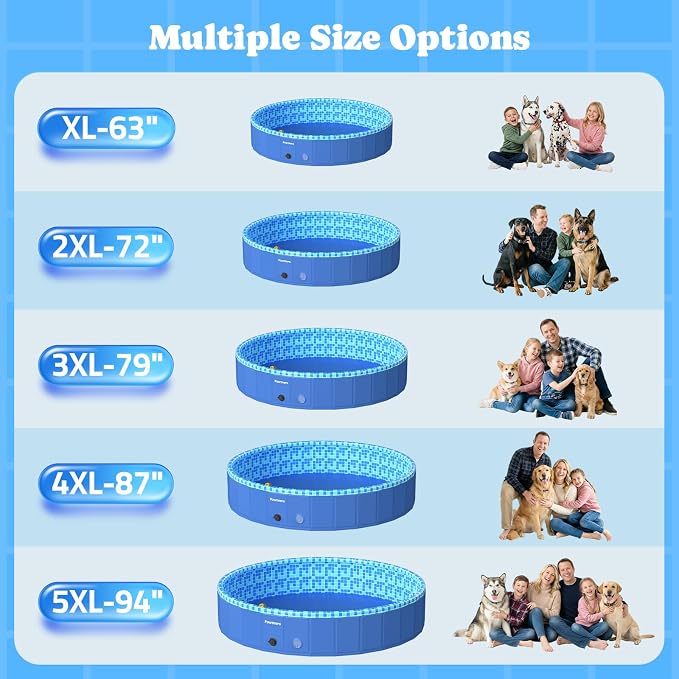Pawtners 72'' Foldable Dog Pool for Large Dogs, 3 in 1 Portable Kids Swimming Splash Pool with Sprinkler & Light, Non-Slip Heavy Duty Hard Plastic Pet Bathing Tub for Outdoor Backyard