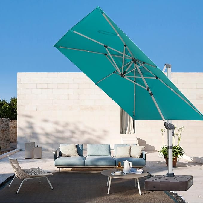 Cantilever Patio Umbrella with Cross Base and Cover Included - 360° Rotation Large Heavy Duty Offset Outdoor Umbrella with Easy Tilt for Pool Backyard Deck Garden (10x10 FT Turquoise Blue)
