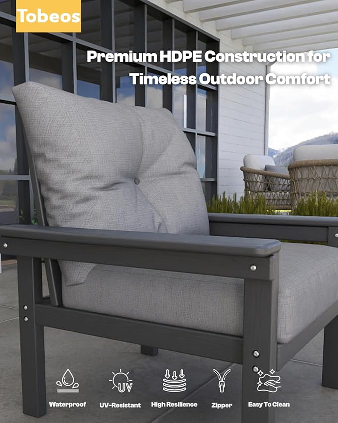 HDPE 3 Piece Patio Furniture Set, All-Weather Outdoor Couch Set with Thick Cushions, Patio Conversation Sets for Lawn, Garden, Porch, Balcony, Deck, Poolside, Grey