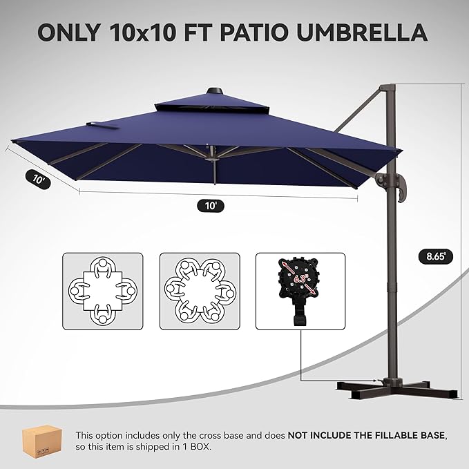 GENTEACO 10X10 FT Cantilever Umbrella, Large Offset Patio Umbrella with Double Top, 6 Angle Tilts & 360° Rotation, Large Square Sun Umbrellas for Outdoor Patio Pool Deck Market, Navy Blue