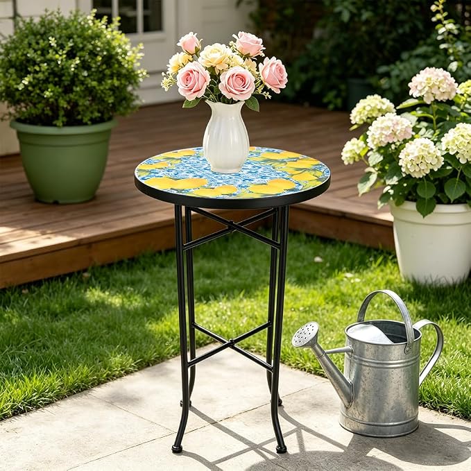 14 Inch Mosaic Patio Side Table with X-Straight Legs, Indoor Outdoor Accent Round End Table with Ceramic Tile Tops for Yard, Garden, Living Room, Bistro, A - Lemon & Blue Tile