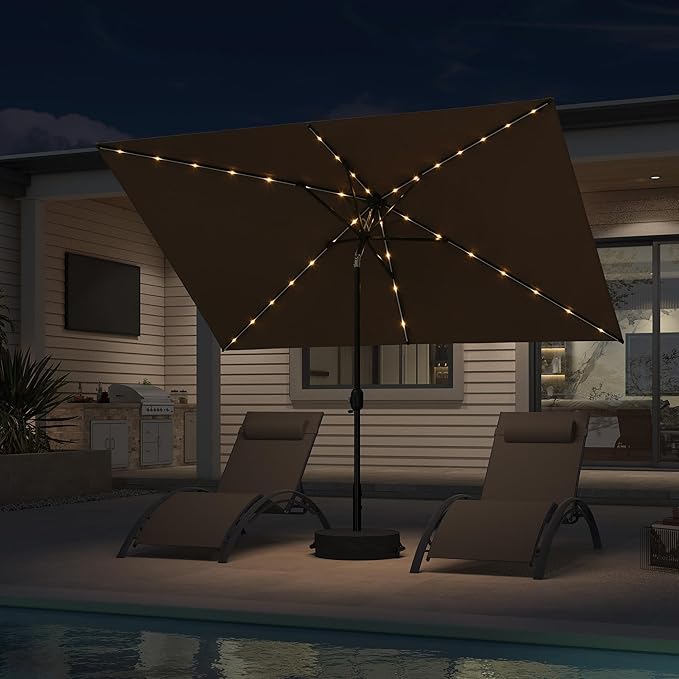 PURPLE LEAF 6.5' x 10' Rectangular Patio Umbrella with Solar LED Outdoor Table Umbrella Aluminum Frame Market Umbrella Sun Umbrella for Garden Deck Lawn Pool Taupe