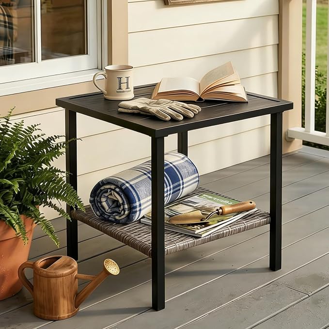 COOS BAY Sunset Haven Outdoor Patio Side Table, Square Outdoor Coffee Table with Double-Tier Storage, Wicker Patio End Table, 18.1"x18.1"x18.5", Brown