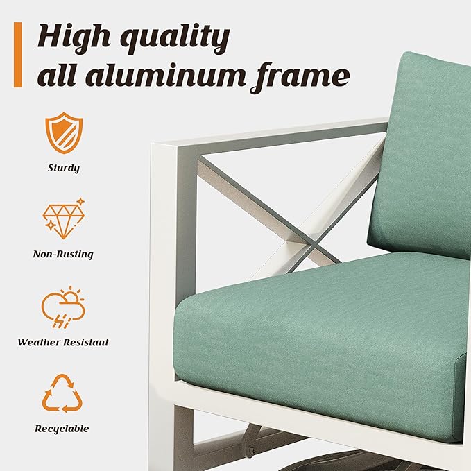 4-Seats Aluminum Outdoor Patio Furniture Set with Swivel Rocking Chairs, Sectional Conversation Sofa with 5.2" Thick Cushions & Coffee Tables, Rust-Resistant Frame for Porch, Garden, Backyard, White