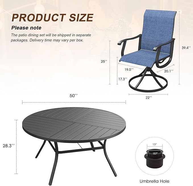 VICLLAX Patio 7 Pieces Outdoor Dining Set, 50" Round Metal Table with Umbrella Hole and 6 Swivel Textilene Chairs for Lawn, Garden, Porch, Black/Dark Blue
