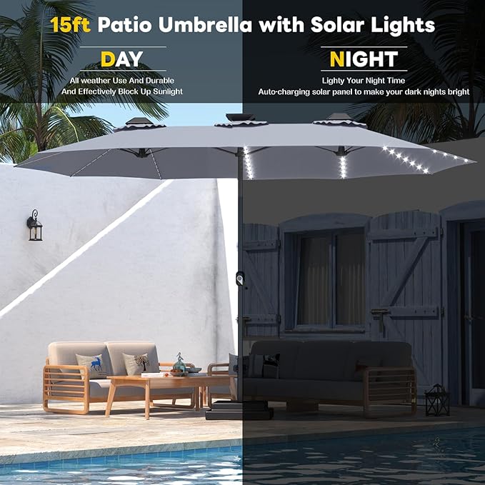 AECOJOY 15ft Patio Umbrella with Solar Lights, Outdoor Large Patio Umbrella with Crank Handle and 156 PCS LED Lights, Rectangular Market Umbrella for Backyard Deck Pool in Grey(1.9" Pole)