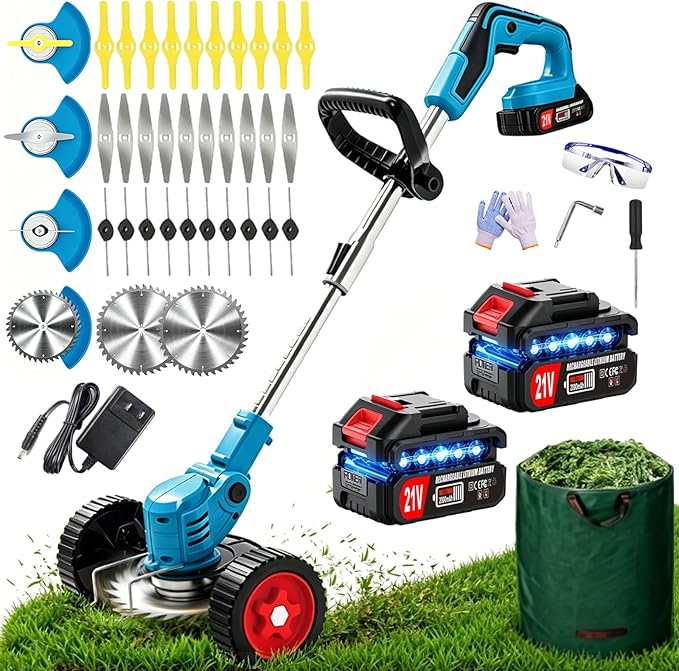 Electric Weed Wacker, 21V Cordless Weed Eater Battery Powered, No String Trimmer with Wheels & Metal Blades, Lightweight Grass Trimmer/Brush Cutter/Lawn Edger, Stringless Weed Trimmer for Yard Garden