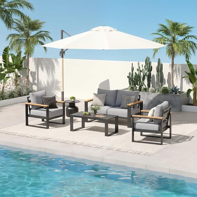 Sundale Outdoor Aluminum Patio Furniture Set, 4 Piece Outdoor Conversation Sets with Coffee Table and 6" Thick Cushions, All Weather Outdoor Sectional Set for Deck, Lawn, Yard (Grey)