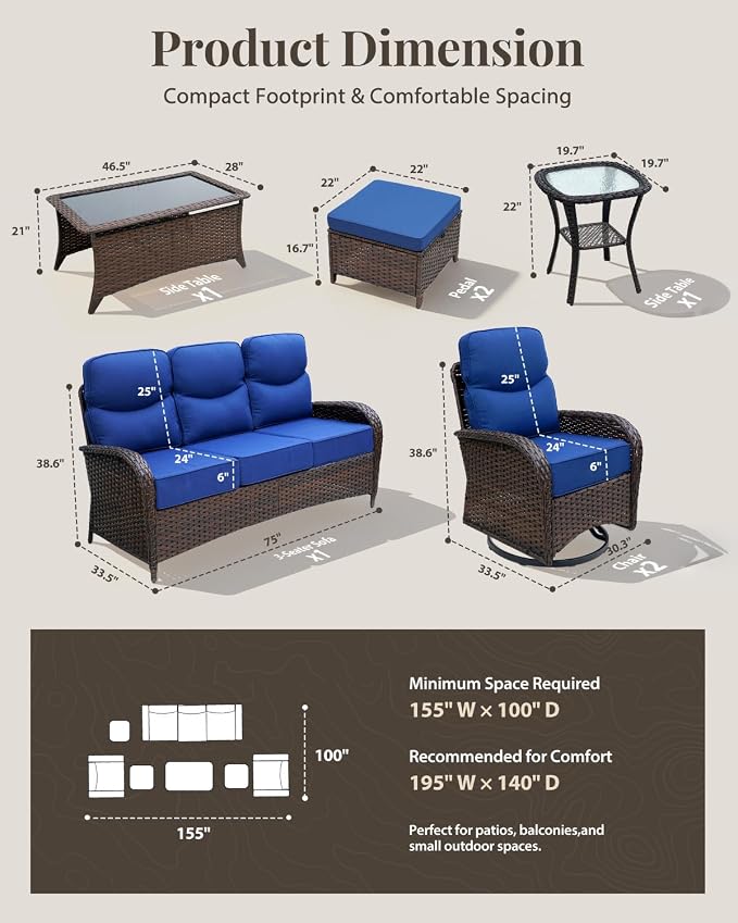 Patio Furniture Set with Luxury 6" Cushions, 7 Pieces High Back Swivel Rocking Patio Chairs, Couch and Ottoman, Outdoor Wicker Conversation Set for Deck, Porch, Backyard, Poolside, Blue