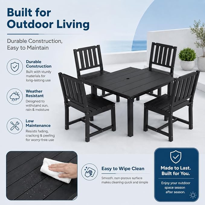 HDPE Outdoor Dining Set for 4, Square Table & Chairs Set | • All-Weather Polywood Composite • 410 lbs Heavy-Duty Support • Built-In 2" Umbrella Hole • Easy Soap-Water Wash