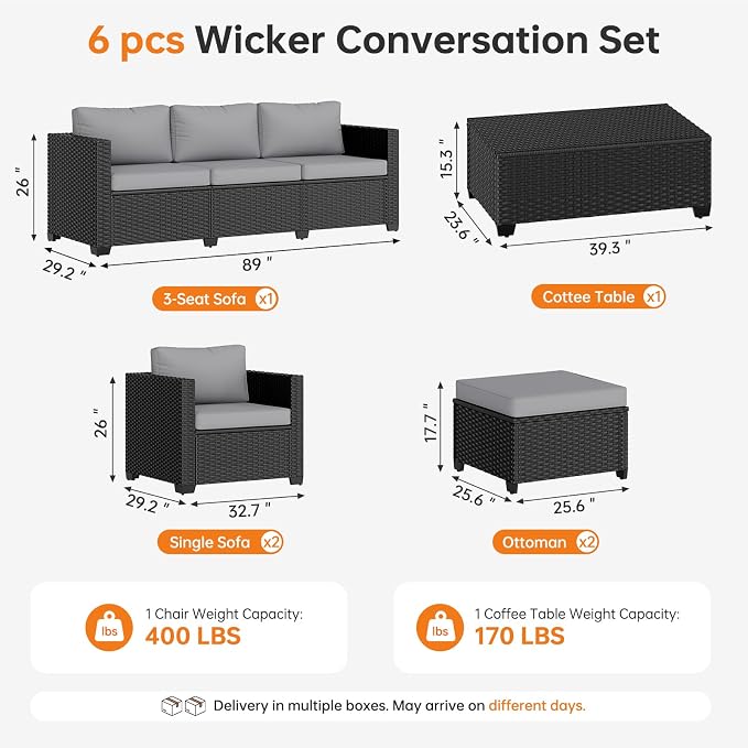LazySunsets 6-Piece Outdoor Patio Furniture Set, Rattan Outdoor Sectional with Thick Waterproof Cushions, Wicker Ottomans & Waterproof Cover, Patio Conversation Set for Garden, Backyard, Grey