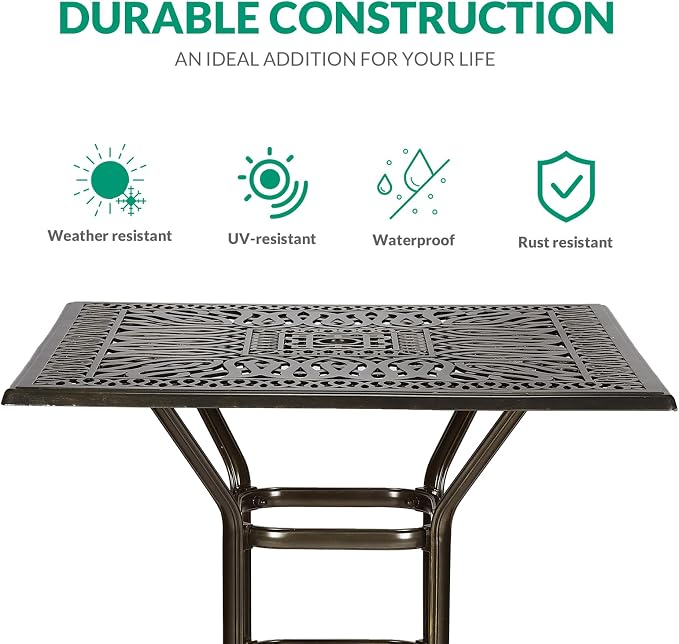 VIVIJASON 35.4" Patio Height Bar Table, All-Weather Cast Aluminum Bar Bistro Table Outdoor Patio Square Dining Table with 2.2" Umbrella Hole for Balcony, Lawn, Garden, Backyard, Antique Bronze