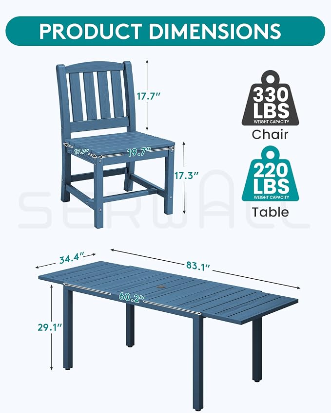 SERWALL Outdoor Expandable Dining Table 60" - 83", Blue | Patio Dining Table for 4-8 People, All Weather HDPE and Aluminum Outdoor Furniture