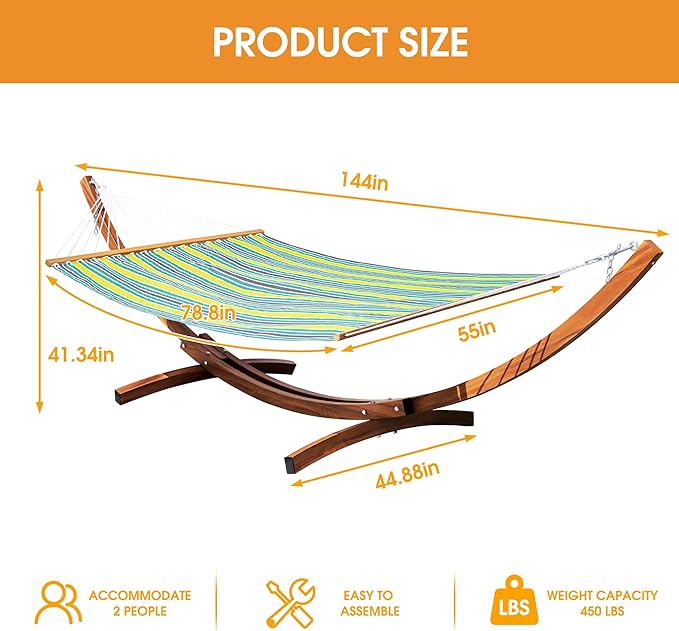 Lazy Daze Hammocks 12 FT 2 Person Double Quick Dry Textilene Hammock with Curved Steel Heavy Duty Stand for Outside, Backyard, Patio, 450 Lbs Capacity, Green Stripes