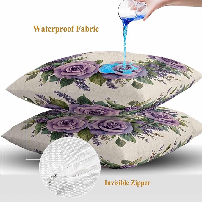Spring Flower Outdoor Waterproof Throw Pillow Covers Set of 2, 24"x24", Purple Rose Wreath Blooming Floral Retro Decorative Pillow Covers Outside Cushion Case for Patio Porch Garden