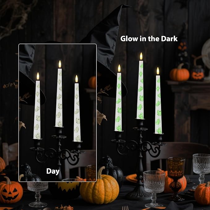 Halloween Flameless Taper Candles with Ghosts Glow in The Dark, Real Wax Battery Operated Candles with Remote, 3 Pack Flickering Halloween Led Candlesticks for Party Home Decor