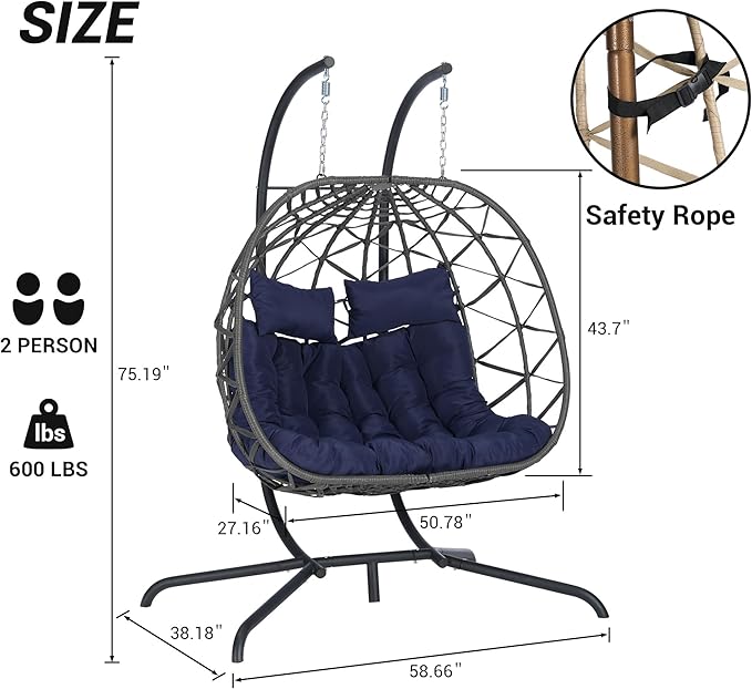 Double Egg Chair with Stand Outdoor Hanging Egg Swing Chair,Wicker Rattan Egg Chair Indoor Loveseat Chair with Cushion 500 lbs Capacity for Bedroom Balcony Patio (Gray+Blue)