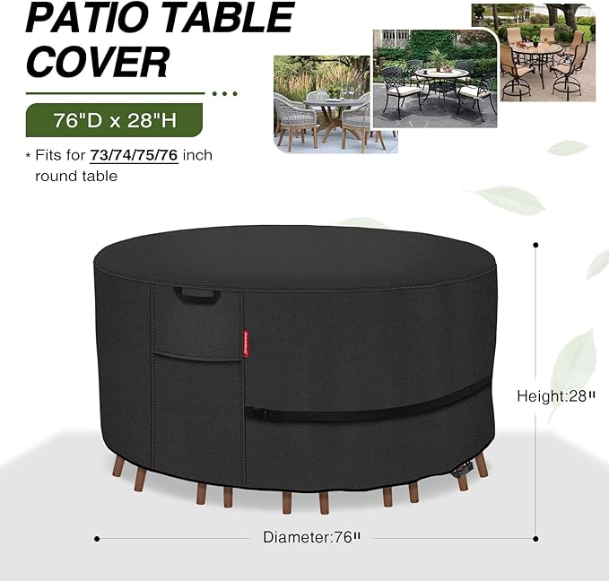 Porch Shield Round Patio Furniture Cover - Waterproof 600D Heavy Duty Outdoor Table and Chairs Cover 76 inch, Black