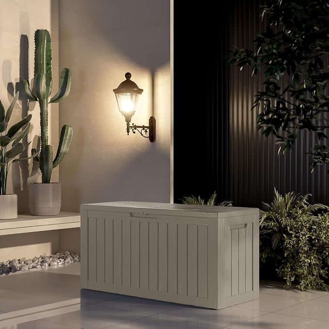 Outdoor Storage Box 80GAL Waterproof Resin Deck Box,UV-Resistant Lockable Delivery Bin for Garden Tools,Small Outside Cushions,Pool Accessories Supplies,Chest,Furniture,Package,Grey