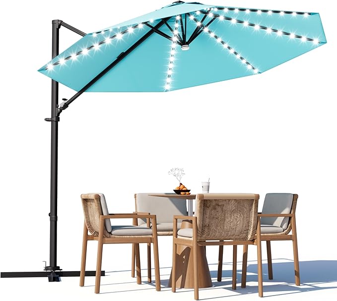 Greesum 10FT Outdoor Patio Umbrella with High Pedel and 4 Gear Heights, Large Offset Umbrella with Solar LED Lights and 360-degree Rotation, Without Base, Hanging Outdoor Shade for Garden, Light Blue