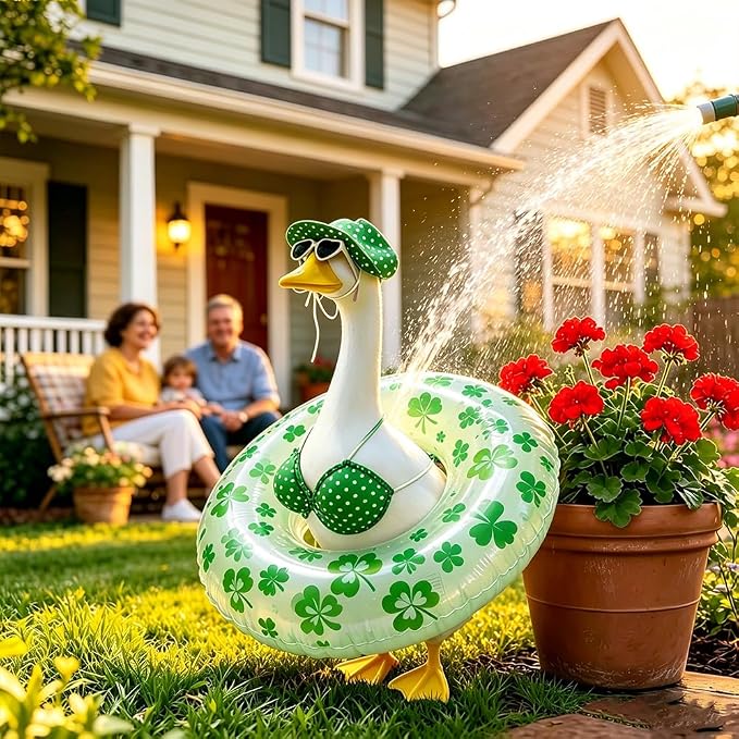 Hawaiian Porch Goose Outfits with Hat Sunglasses & Swim Ring, Summer Bikini Goose Outfit Clothes Costume Fits 23" Cement Geese Statue, Summer Garden Lawn Patio Yard Outdoor Decor (Summer style-Green)
