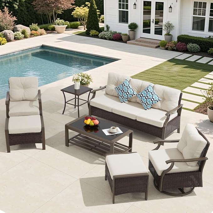 7 Pieces Metal Patio Furniture Set, Outdoor Conversation Set Sectional Sofa Couch with Swivel Chairs for Garden Deck Backyard, Beige