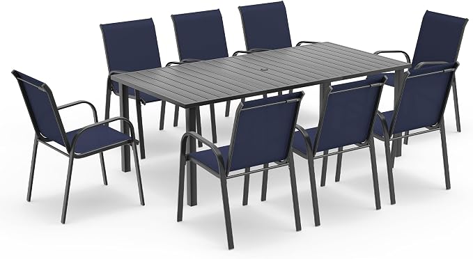 Outdoor Dining Set for 8, Patio Dining Set with Textilene Dining Chairs, Metal Dining Table with Umbrella Hole, Stackable Outdoor Chairs for Garden, Patio, Poolside and Backyard, Navy Blue