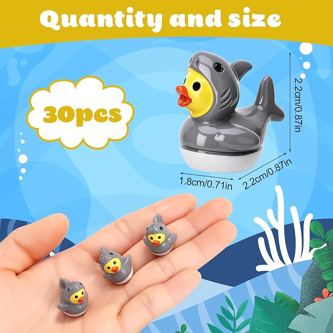30 Pcs Shark Ducks, Mini Shark Resin Ducks Bulk | Fun Printed Toy Figures for Birthday Party Favors, Themed Decor, Kids Gift Collection (Ferocious Shark)