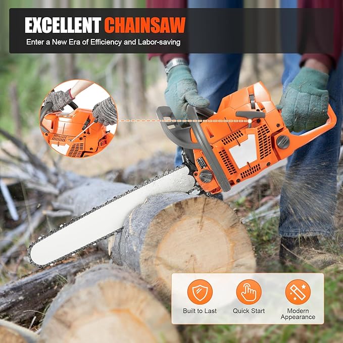 Gas Chainsaw, Gas Powered Chainsaws with Tool Bag, 2-Cycle Handheld Cordless Petrol Gasoline Chain Saw for Cutting Tree Wood Trimming Garden Farm (72cc 24inch)