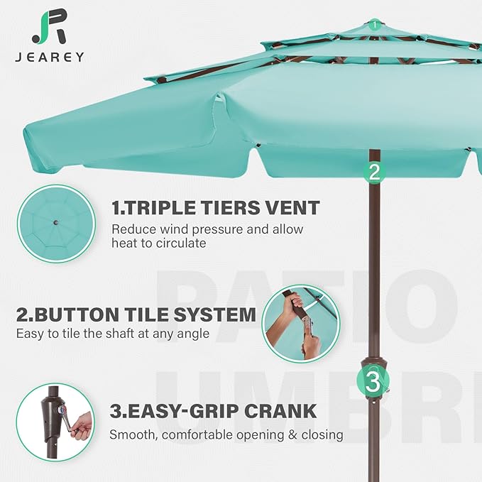 JEAREY 3 Tiers 9 FT Patio Umbrellas Outdoor Table Umbrella with Push Button Market Umbrella 8 Sturdy Ribs UV Protection Waterproof for Garden,Peacock Blue