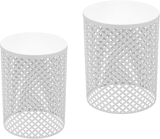 Cylindrical Outdoor Side Tables Set of 2, Metal Frame Accent Table End Table, Vintage Side Tables for Patio Gardens Balconies Cafes Parks (2, White)