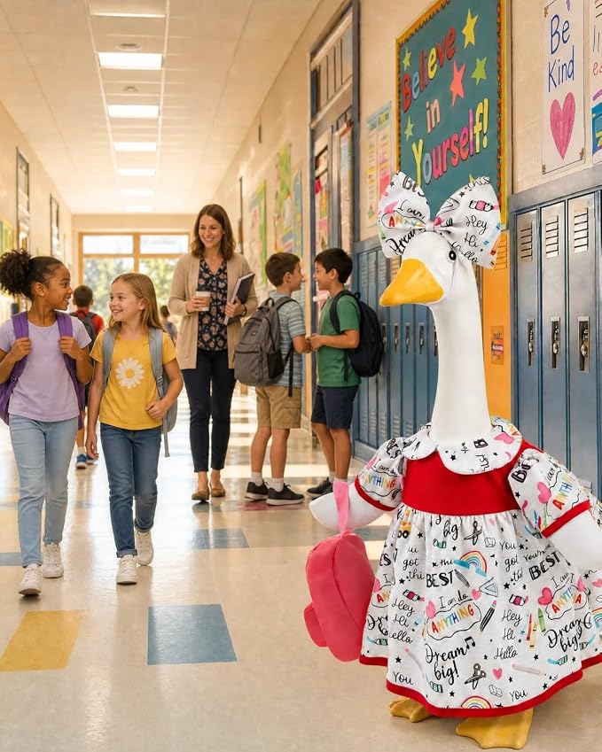 Back to School Porch Goose Outfit with Tote Bag & Bow, 23" Lawn Cement Goose Clothes for School Classroom, Patio Yard Garden Geese Decoration Gift for Mom Grandma