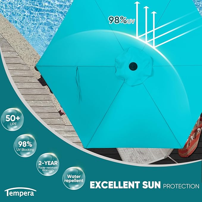 Tempera Patio Market Outdoor Table Umbrella with Push Button Tilt and Crank, Large Sun Umbrella with Sturdy Pole & Fade Resistant Canopy, Easy to Set
