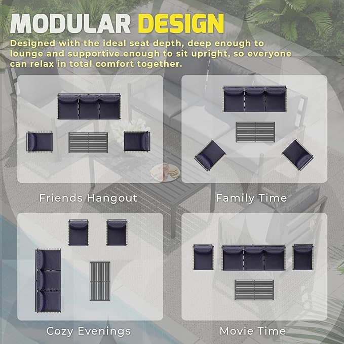 AECOJOY Aluminum Patio Sectional Furniture Set, 10-Seat, Dark Blue | 8-Piece Set, Coffee Central Table, Outdoor Conversation Set, Porch & Deck Use