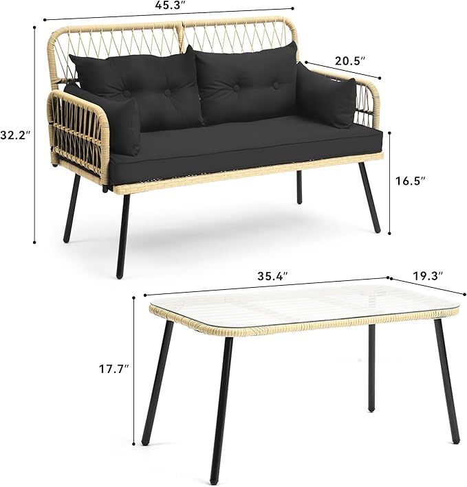 YITAHOME 2-Piece Patio Furniture Wicker Outdoor Loveseat, All-Weather Rattan Conversation for Backyard, Balcony and Deck with Soft Cushions and SideTable (Light Brown+Black)