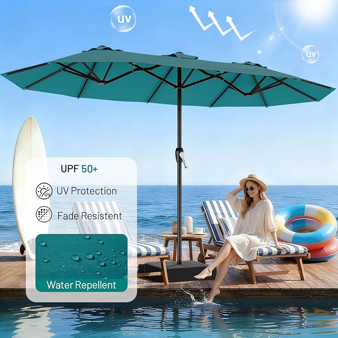 AreShark 15FT Outdoor Patio Umbrella with Crank, Large Rectangular Market Umbrella, Double-Sided Outdoor Umbrellas with Cross Base & Sandbag for Porch, Lawn, Pool, Backyard, Lake Blue